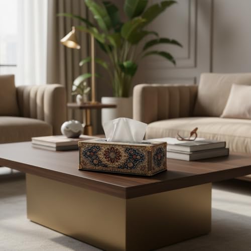 Image of Wooden Tissue Box Holder with Royal Mughal Regal Print Premium Decorative Tissue Case for Home, Office & Luxury Interiors Durable MDF Build 6.5 x 5 x 3 Inch