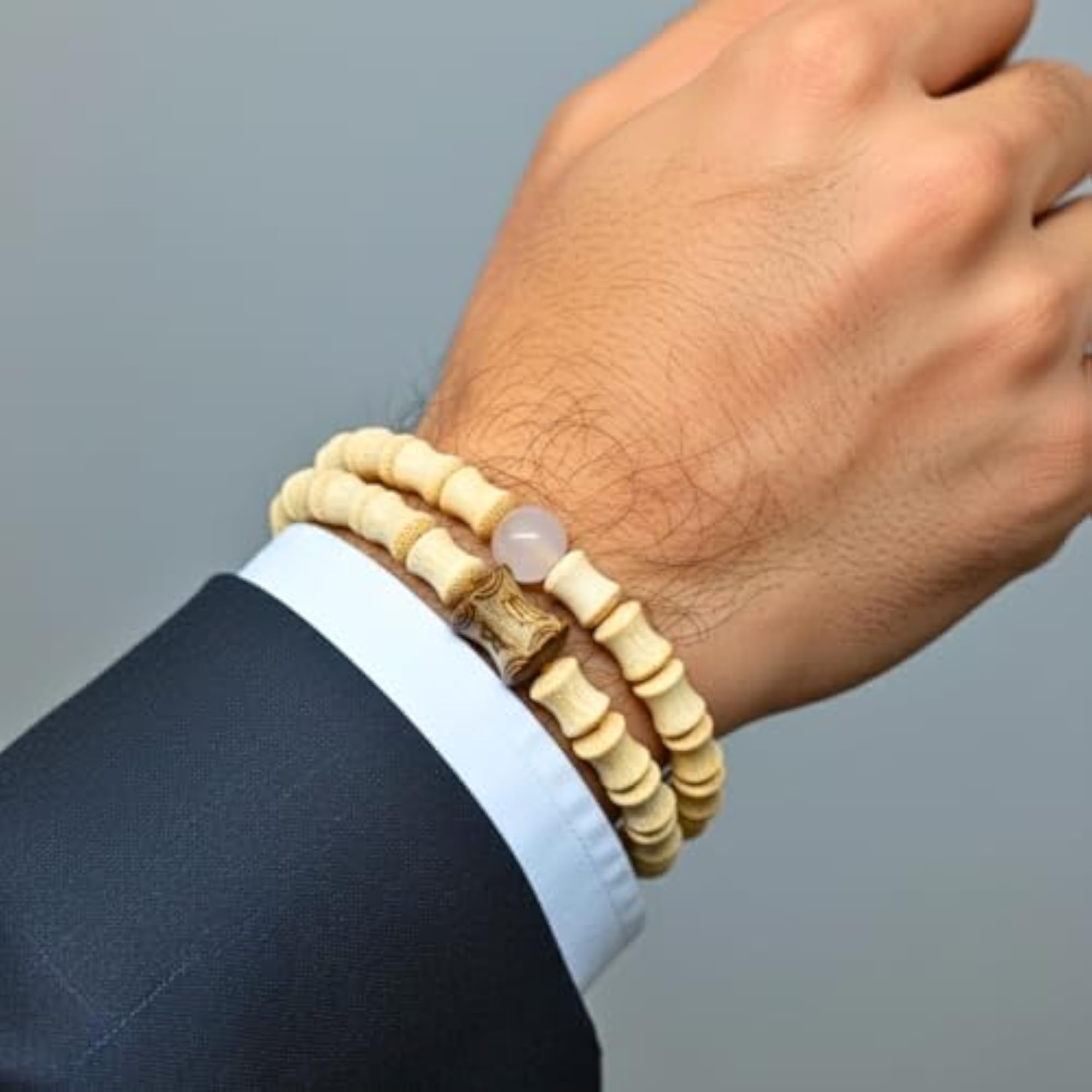 7mm Wooden Beads Bracelet with Natural Stone, Adjustable