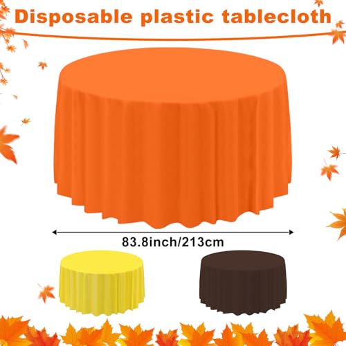 Image of CIEOVO 12 Pack Fall Plastic Tablecloth, Thanksgiving Yellow Orange Brown Disposable Waterproof Round Tablecloth for Fall Harvest Thanksgiving Day Family Birthday Baby Shower Party Decorations