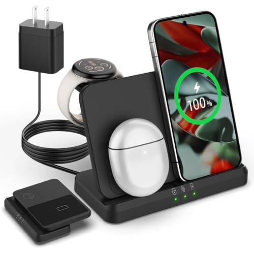 Nalife Wireless Charger for Google - Foldable 3 in 1 Wireless Charging Station Compatible with Google Pixel Watch 3/2 for Pixel 9 Pro XL/9/Fold/8/7/7A/6 Pro Pixel Buds Pro/2 (Not for Pixel Watch 1)