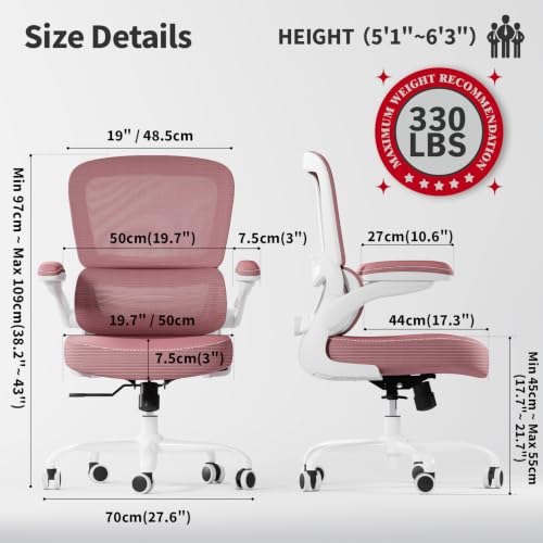 Image of TRALT Ergonomic Office Chair - Desk Chair with Adjustable Lumbar Support Computer Chair - Mesh Comfy Chair with Flip-up Armrests - Gaming Chairs for Adults Home Office (Leather, Pink)