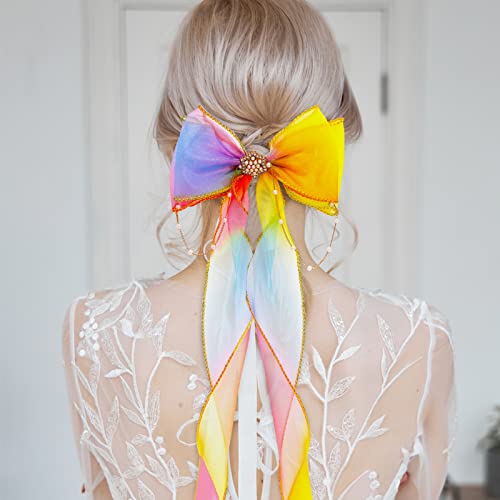 Queen King 6 Pcs Colorful Ribbon Hair Bows For Girls,Large Braided Bow With Clips Princess Bows Hair Barrettes Alligator Barrettes For Girls Kids Teens Hair Accessories(Gradient Color) #TOP3