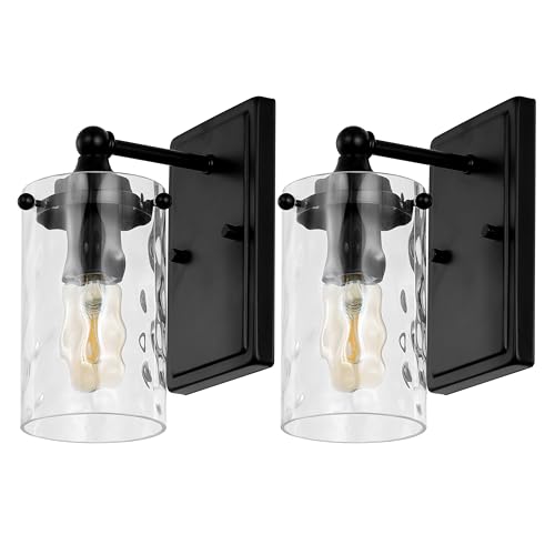 Image of SAFAVIEH Lighting Collection Jobie Black /Glass Shade Wall Sconce Set of 2 Light Fixture, Ideal for Bathroom, Entryway, Vanity, Foyer, Hallway, Living Room (LED Bulbs Included)