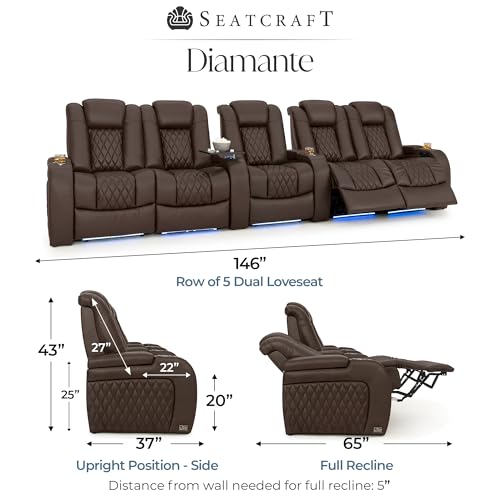 Image of Seatcraft Diamante Brown Italian Leather Home Theater Seating, Zero Gravity Power Recliner Gaming and Home Office Chair, Powered Headrest Lounge Sofa Furniture for Cinema Room, Row of 5 Dual Loveseats