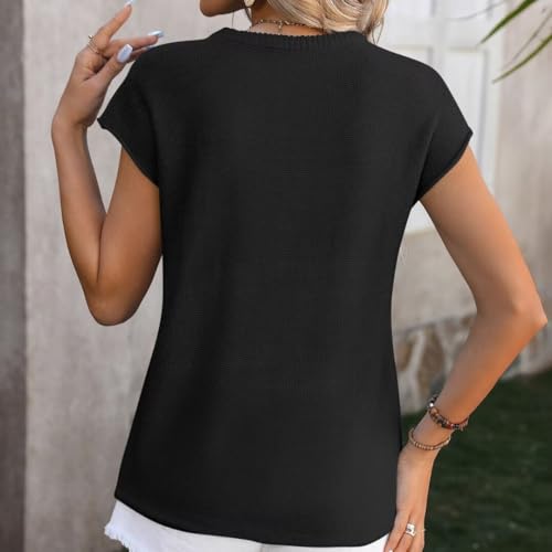 Image of Womens Lightweight Knit Top Cap Sleeve Crew Neck Shirt | Lightweight textured knit top with relaxed fit and cap sleeves, light colors may perspective