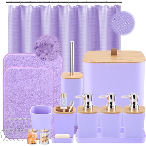 XLHOMO Bathroom Sets with Shower Curtain and Rugs 27PCS Purple Bathroom Accessories Set with Trash Can Purple Shower Curtain Set No Slip Super Absorbent Bathroom Rugs