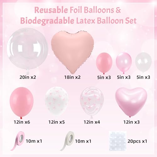 Image of Coquette Pink Bow Balloons Birthday Decorations, 20 In Bobo Light Pale Baby Dusty Pastel Pink and White Balloons Heart Shape Balloon, First Birthday Bow Party Decor for Princess Girl Just Wanna Be One