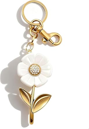 Daisy Keychain with Sparkling Crystal Center, Distressed Metal Gold-Tone Stem Leaves Purse Charm Backpack Accessory for Women