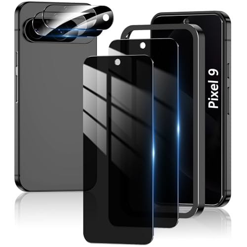 RXNMH 2+2 Pack for Google Pixel 9 Privacy Screen Protector [New Version] & Camera Lens Protector Fit Lens Cutouts Ports Support Fingerprint Unlock AR anti-reflection with Easy Installation Tool