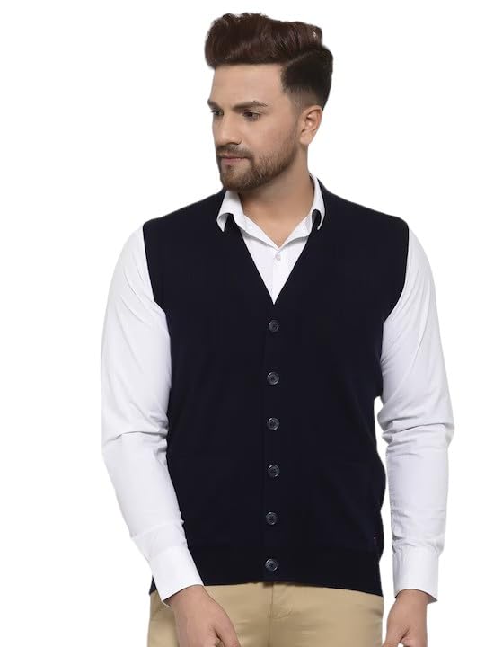 513 Men's Acrylic V-Neck Sleeveless Buttoned Cardigan Sweater – Plain Solid Knit with Front Pockets-picture-1