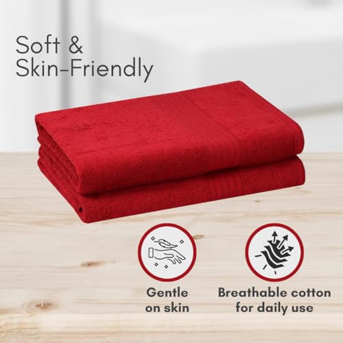 Image of Mafatlal Joy Bath Towel Combo - Pack of 2 | 58 x 29 inch Large Size | Soft Cotton | Quick Dry | Highly Absorbent | 450 GSM | Red | Bath Towel Large Size for Men