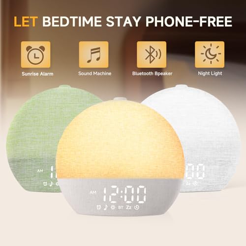 Image of Geuuap Sunrise Alarm Clock White Noise Sound Machine for Bedroom | Natural Wake-Up Light with 30 Soothing Sleep Aids, Bluetooth Speaker, Dimmable Clock, Screen-Free Design for Baby Adults Kids-Khaki