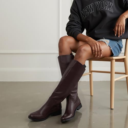 Image of Modatope Knee High Boots Women Rounded Toe Flat Retro Bais Opening Low Chunky Heel Riding Boots