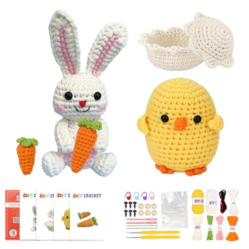 Crochet Kit for Beginners: Premium Yarn & Video Tutorials (Bunny & Chick)