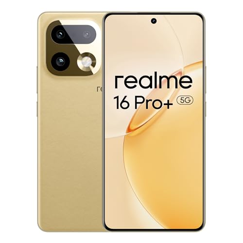 realme 16 Pro+ 5G Smartphone 12+512GB, Procesador Snapdragon 7 Gen 4, Batería 7000mAh, Pantalla AMOLED Curva 6.8' 144Hz, Cámara Triple 200MP, Frontal 50MP, Dual SIM, eSIM, NFC, Sin cargador, Color Oro