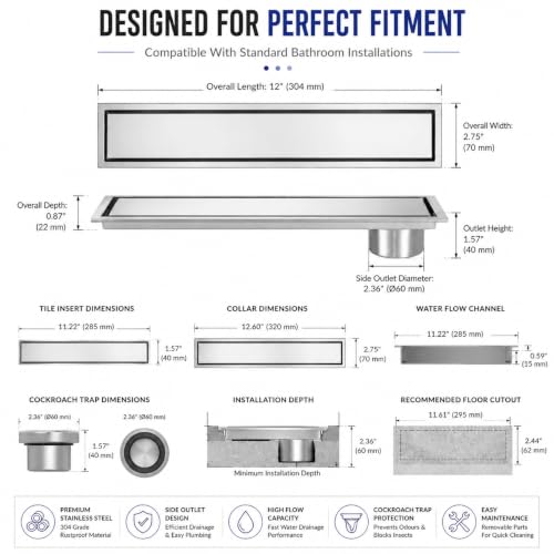 Image of ZAP 12 Inch Tile Insert Stainless Steel Floor Drain with Cockroach Trap, Side Outlet and Collar | Linear Shower Drain Channel for Bathroom, Balcony and Kitchen | Chrome Finish