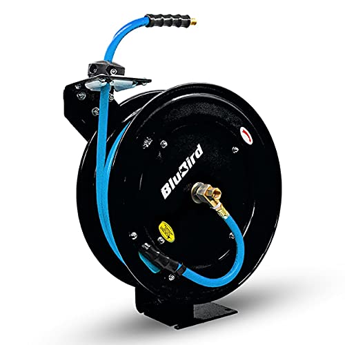 Blubird Bbr1250 20Ga. Retractable Hose Reel With 1/2" X 50' Air Hose, 12 Point Ratcheting Gear, Next-Gen Rubber, Lightest, Strongest, Most Flexible, 300 Psi, -50F To 190F Degrees, Polyester Braided #TOP1