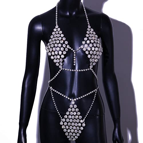 Koleso Round Crystal Bra And Thong Harness For Women Festival Rhinestone Underwear Jewelry Body Chain Bikini Set - Silver - Bra #TOP1