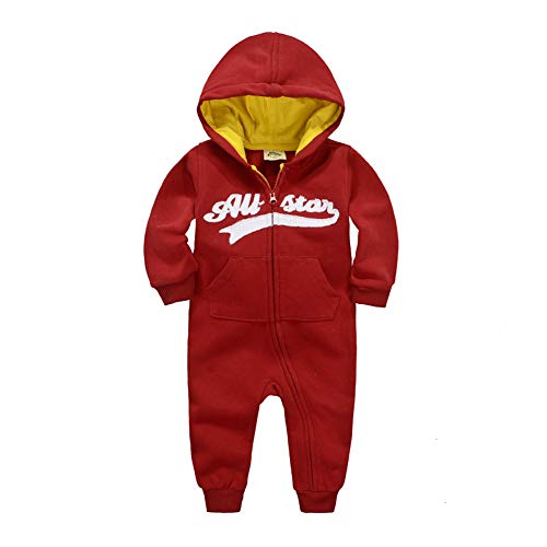 Teach Leanbh Unisex Baby Warm Fleece Romper Long Sleeve Hooded Zipper Embroidered Patch Jumpsuit Autumn Winter (12-18 Months 80, Purplish red)