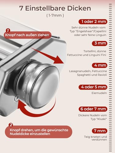 FOHERE Nudelaufsatz Nudelblattroller für KitchenAid Küchenmaschine, Pasta Maker Zubehör Mit Nudelblattroller und Reinigungsbürste (7 Einstellbare Dicken)