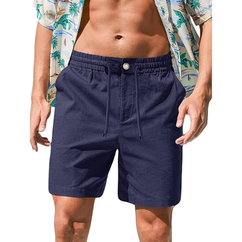 RODYETQQ Linen Shorts for Men Casual Drawstring Elastic Waist Mens Shorts Breathable Summer Beach Short Pants Lounge Fashion Vacation Cruise Clothes(A18 Royal Blue,3X-Large)