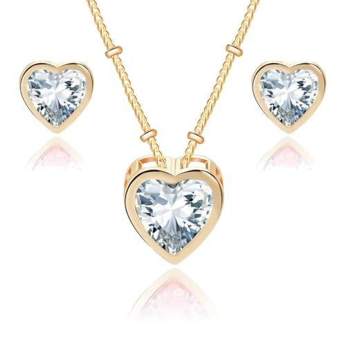 EVEVIC Austrian Crystal Heart Pendant Necklace Earrings for Women 14K Gold Plated Hypoallergenic Jewelry Set