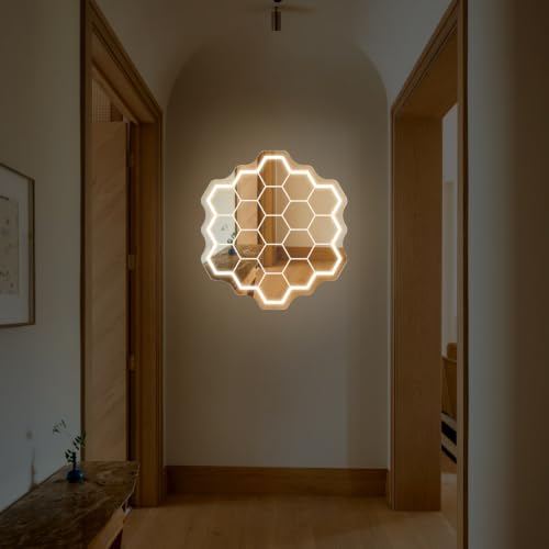 Image of Colmena Mirror Neon Sign, Hexagon Mirror LED Light | USB Powered Dimmable Mirror Light, Aesthetic Wall Art for Bedroom Entrance Home Party Decoration Gift, 14.4 inchx13.4 inch