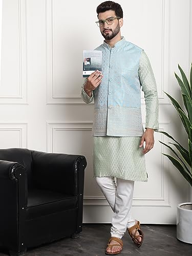 Image of SOJANYA (Since 1958 Men's Jacquard Silk Kurta and Pyjama with Nehru Jacket