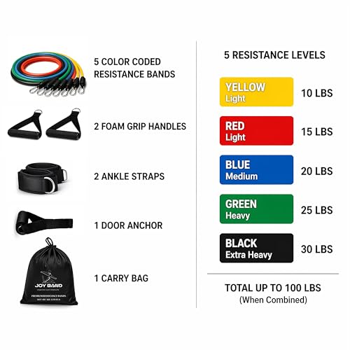 Image of JoyBand Resistance Band Set with Handles | Resistance Tube & Stretch Band for Exercise | Home Workout Fitness Kit with Door Anchor & Ankle Straps | Full Body Strength Training for Men & Women