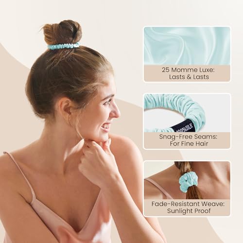 Image of THXSILK 100% Mulberry Silk Scrunchies 3-Pack, 25 Momme Mulberry Silk Hair Ties for Women, Sleek Low Profile Ponytail Holders with No Damage, for Fine Hair & Everyday Use, Ice Blue