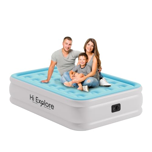 Hi Explore Air Mattress Full with Built in Pump Raised, Comfort Plush Self Inflating Mattress, Inflatable Blow Up Mattress, Portable Airbed for Home, Guests, Camping(Light Blue, 18” Height)