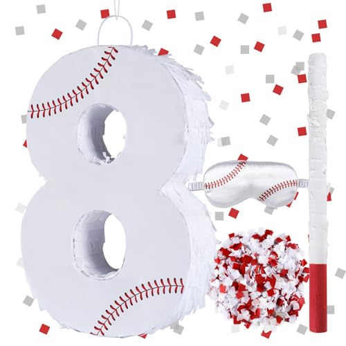 Baseball Birthday Decorations, Baseball Number 8 Piñata with Blindfold Stick Blindfold Confetti for Baseball Pinata Sports Theme 8th Birthday Party Supplies (8TH)