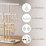 pickpiff Jewelry Holder Organizer with Velvet, Adjustable 10"-17" Tall, Metal Stand for Display Bracelet, Necklace, Earrings, Rings, White and Gold - Image 4