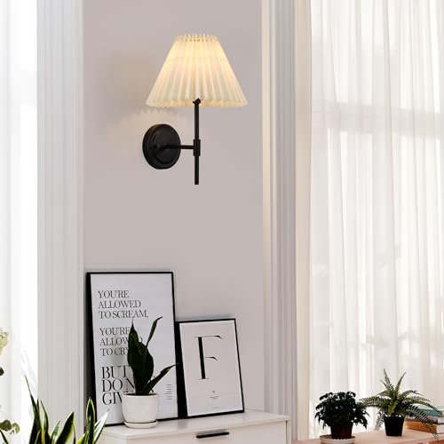 Globe Electric 1-Light Wall Sconce, Matte Black, White Pleated Fabric Shade, E12 Base Socket, Candelabra Bulb, Living Room Lighting, Home Essentials, Décor, Bedroom, Mounted Bedside Lamp by Globe Electric - Image 2