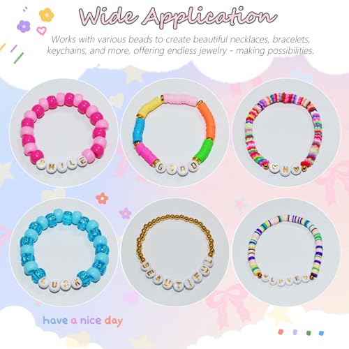 Looconi 1400pcs Letter Beads A-Z 4x7mm White On Gold Round Acrylic Alphabet Heart Beads and Beading Cord for Jewelry Making Bracelets Necklaces Key Chains