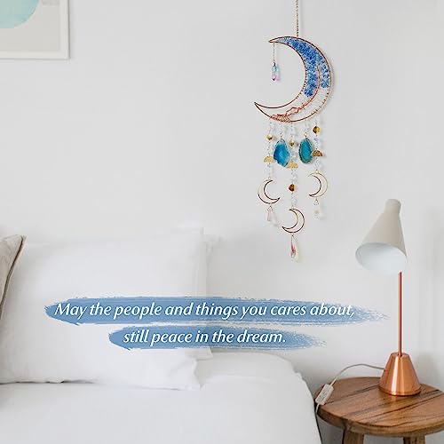 Agate Gemstone Dream Catcher 7 Chakra Tree of Life Dream Catcher with Crystal Stones Handmade Dreamcatcher Wall Decor for Adults Boys Girls,Bedroom,Wedding,Garden,Bless Gift(Blue Moon with Pendant)