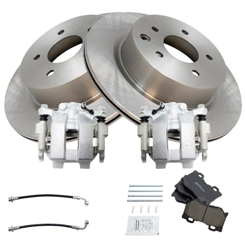 Image of TRQ Rear Brake Pad and Rotor Set Ceramic Rotors Calipers Hoses Compatible with 2010-2015 Nissan 370Z