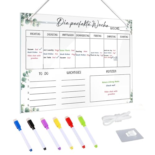 Wochenplaner Abwischbar, Wochenplaner Magnetisch Acryl, Essensplaner Woche, 30x20cm, Familienplaner, Planungstafeln Whiteboard mit 6 Wischmarker, 1 Haken, Weiße Schnur, Wochenkalender Planungstafel