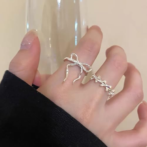 2pcs Silver Bow Ring,Finger Rings Wedding Rings,Silver Rings Open Adjustable Rings,Cute Rings Bow Rings for Women,Mothers Day Valentines Day Wedding Anniversary Birthday Gifts2