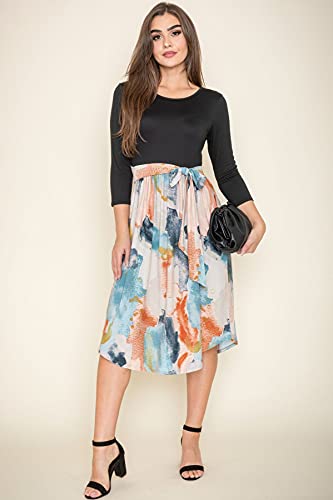 Image of Eloges Women's 3 /4 Sleeve Contrast Waist Band Floral Curved Hem Midi Dress