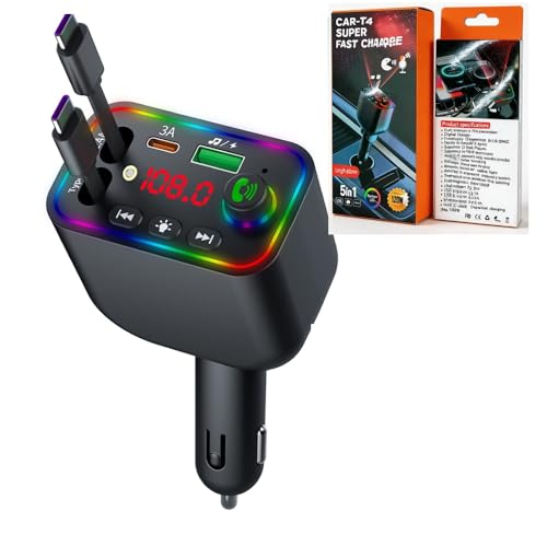 MIRALLY Bluetooth FM Transmitter 5 in 1 Car Charger with Retractable Cable, Fast Charging Adapter with USB and Type-C Ports, Hands-Free Calling, MP3 Player, RGB LED Display