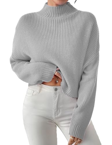 Image of Libsorge Women's Cute Turtleneck Crop Sweaters Spring 2025 Ladies Dressy Casual Lightweight Cozy Ribbed Knit Solid Long Sleeve Ultra Cropped Pullover Sweater Grey L