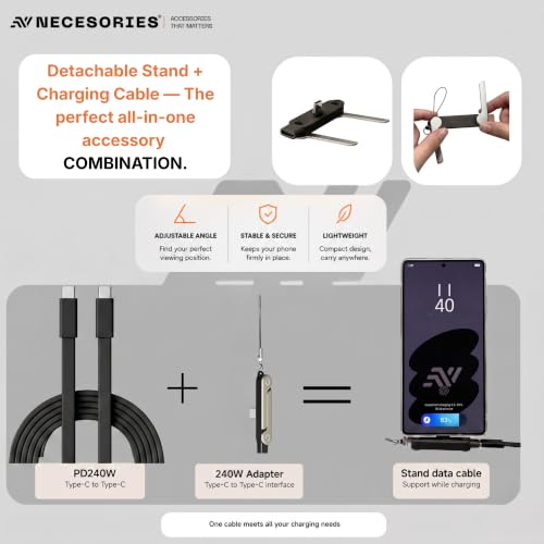 Image of 240W Flat Silicone Type C Cable with Detachable Mobile Stand | 1.5M | Tangle Free | 480Mbps | Multi-Angle | Keychain |Compatible with Laptop iPad Samsung OnePlus iPhone 16