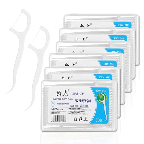 300 Piezas Hilo Dental - Palillos Hilo Dental 0,05 mm - Plástico - Limpieza Dental Doble Hilo - Para Casa, Viajes, Uso Hotelero (Blanco)