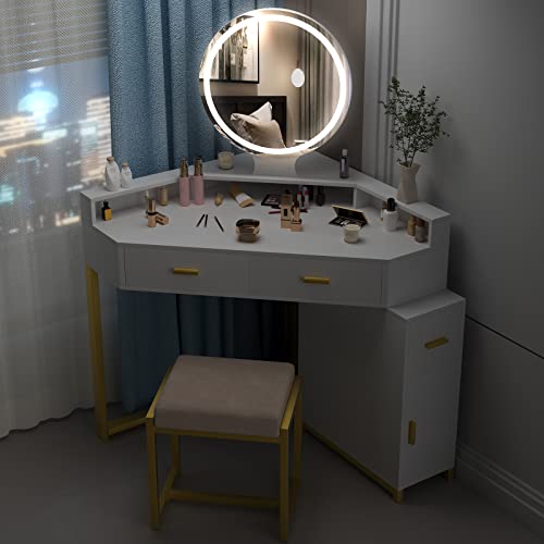 Pakasept Corner Vanity Set With Lighted Mirror, Makeup Dressing Table With Drawers, Cabinet And Cushioned Stool, Girls Vanity Desk For Bathroom, Bedroom (White) #TOP2