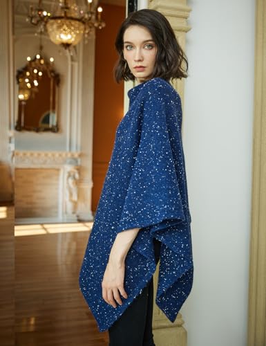 Image of BEAUTELICATE Women Wool Poncho Knitted Tweed Wool Sweater Pullover Pile Collar Cape