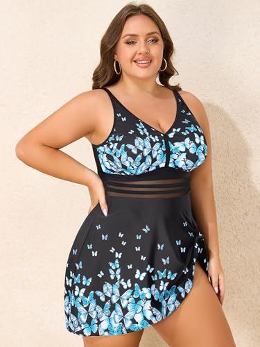 Women's Plus Size Tankini Swimsuits Mesh Two Piece Swim Dress Criss Cross V Neck Swimwear with Briefs3