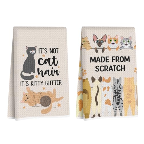 Image of 2 Pcs Funny Cat Kitchen Towels 24x14 Inch, Cats Gifts Reusable Dish Towels for Kitchen Bathroom Decor, Waffle Weave Hand Cloth Tea Towel, Cute Cat Lover Gifts for Women Mom Friend