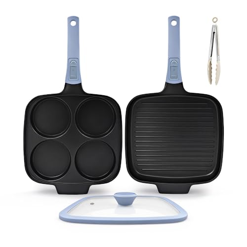 Image of Bobikuke 2-Piece Frying Pan Set, Nonstick Large 4-cup Egg Pan, Griddle Pan with Lid 10.2 Inch, Cookware Set Detachable Handle, Induction Compatible - Blue
