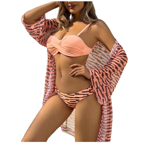 Bikinis Mujer 2024 Empalme de Encaje Floral Bañadores Mujer Bikinis 2024, Conjunto de Bikini Sexy de 3 Piezas, Traje de baño para Cubrir para Mujer, Traje de baño Push Up de Manga